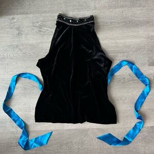 Vintage Black Velvet Halter Top with Embellished Neckline and blue ribbon tie